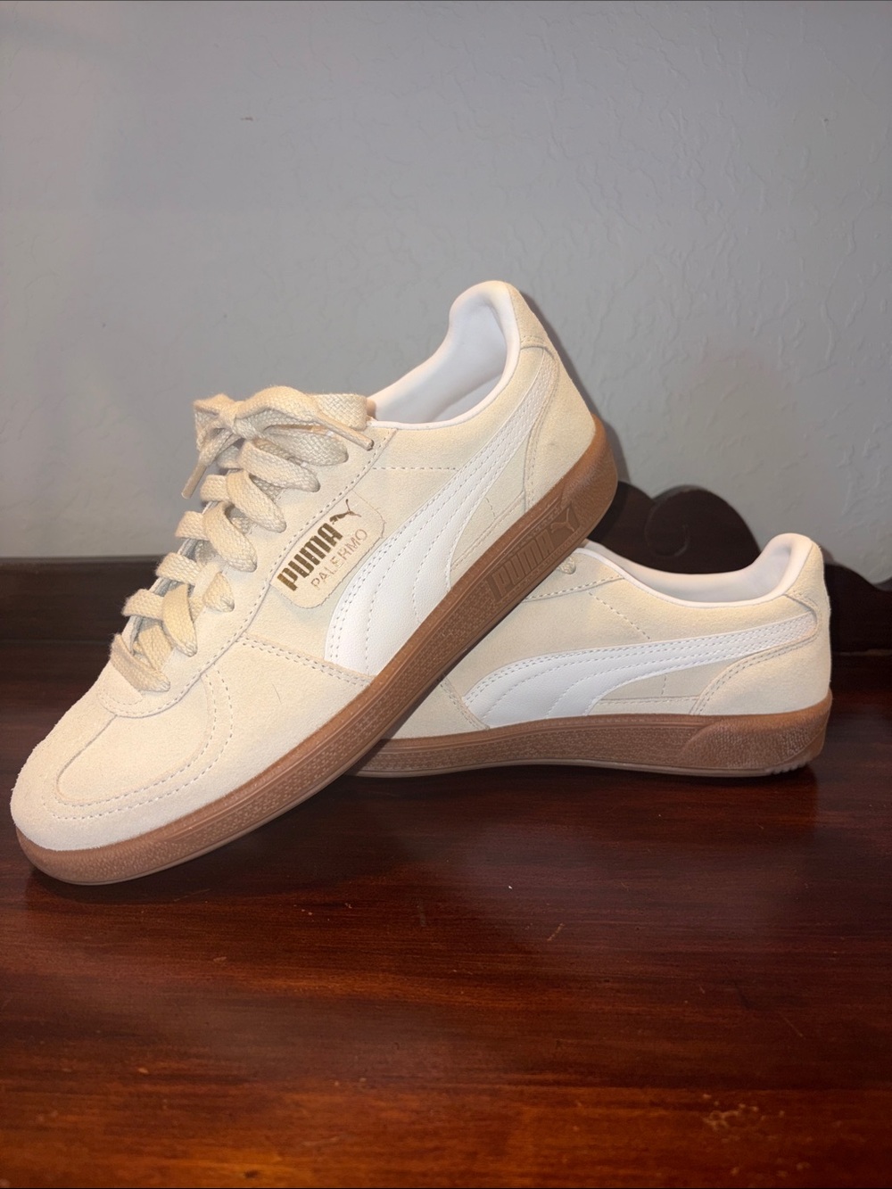 Puma Women’s 9.5 Cream Suede Sneakers with Gum Sole